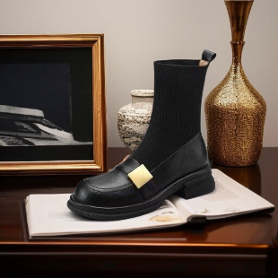 앵클부츠 여학생 니트 스판 슬림부츠 라운드 플랫 굽 워커부츠 앵클부츠 여학생 라운드 플랫 통굽 워커