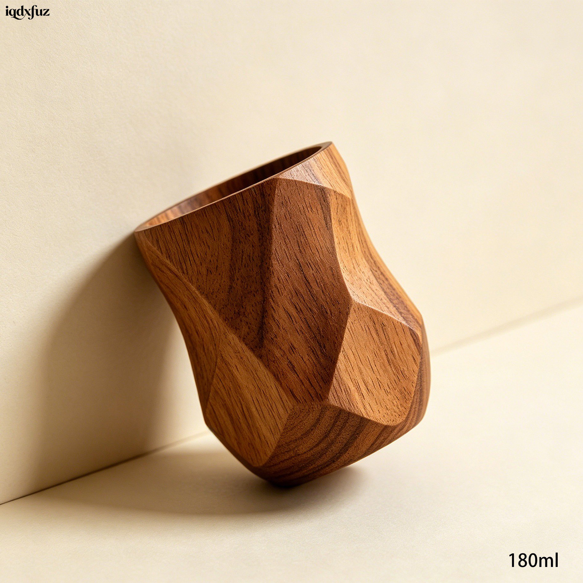 Close-up of solid wood mouthwash cup showing natural grain