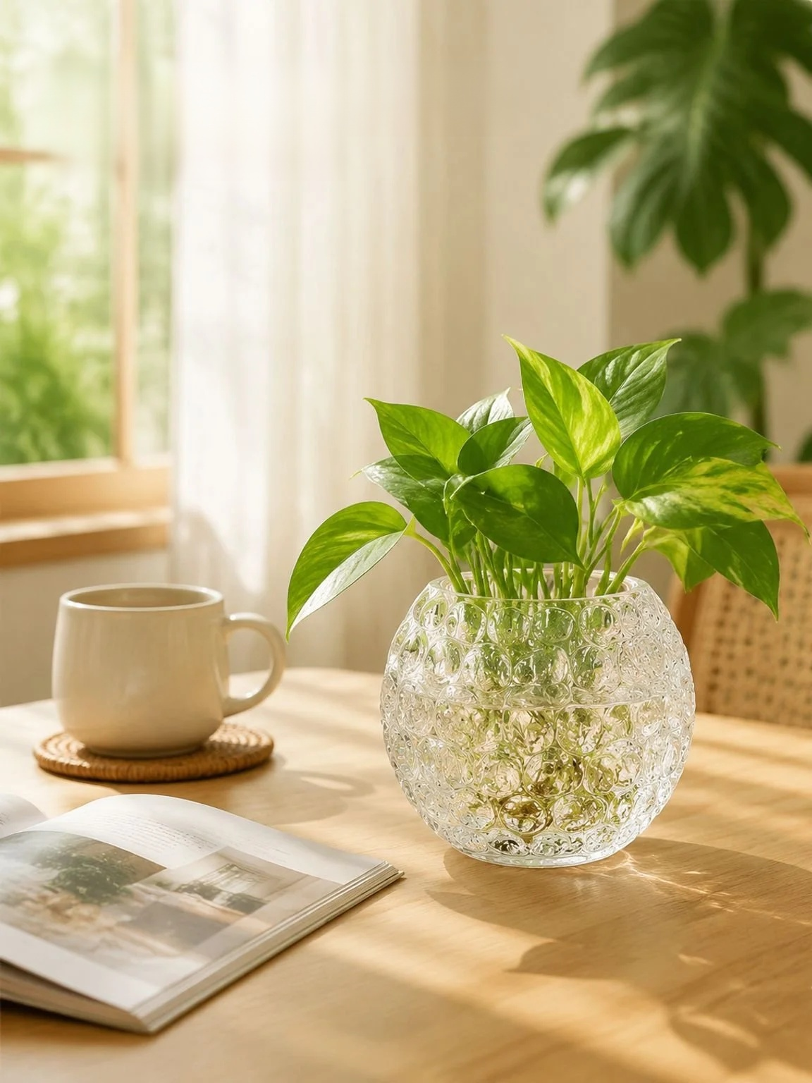 Florero de vidrio transparente redondo para decoración minimalista