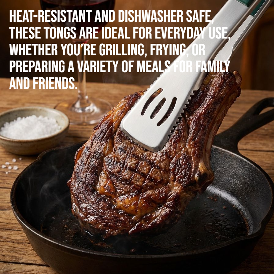 Close-up of durable stainless steel food tongs