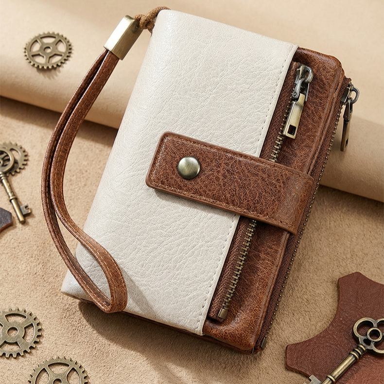 レディース三つ折りレトロレザー財布 大容量多機能短財布 スキミング防止 小銭入れ