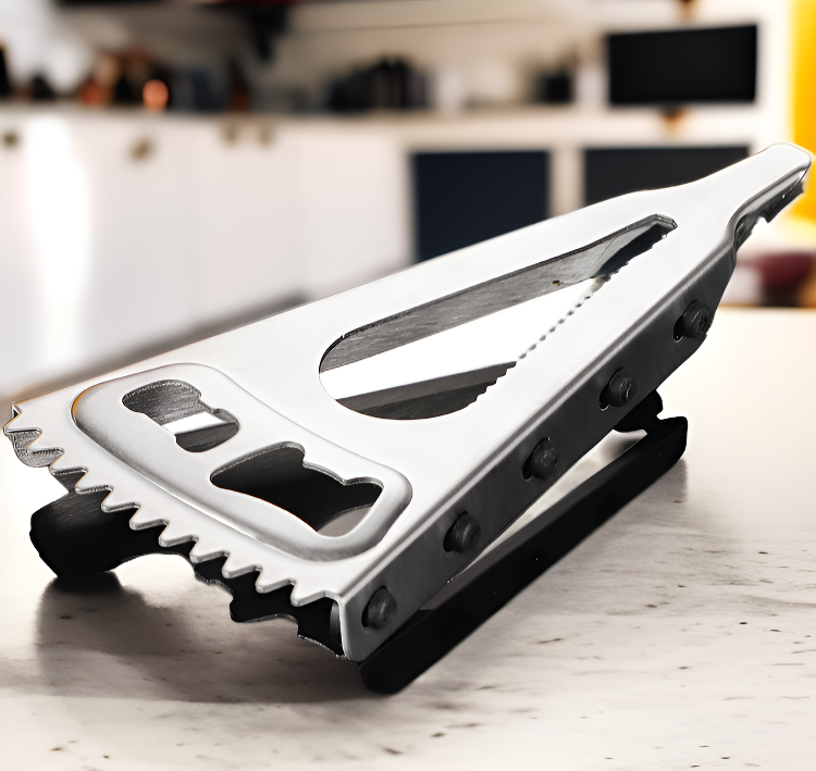 Abridor de botellas multifuncional sobre mesa de cocina