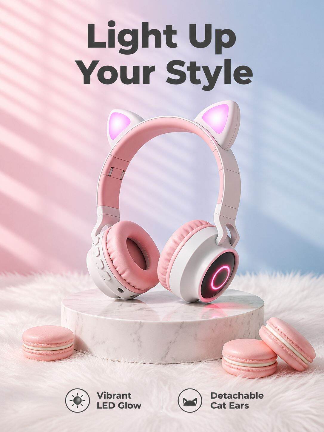 Cute pluggable cat ears light-up wireless Bluetooth headphones