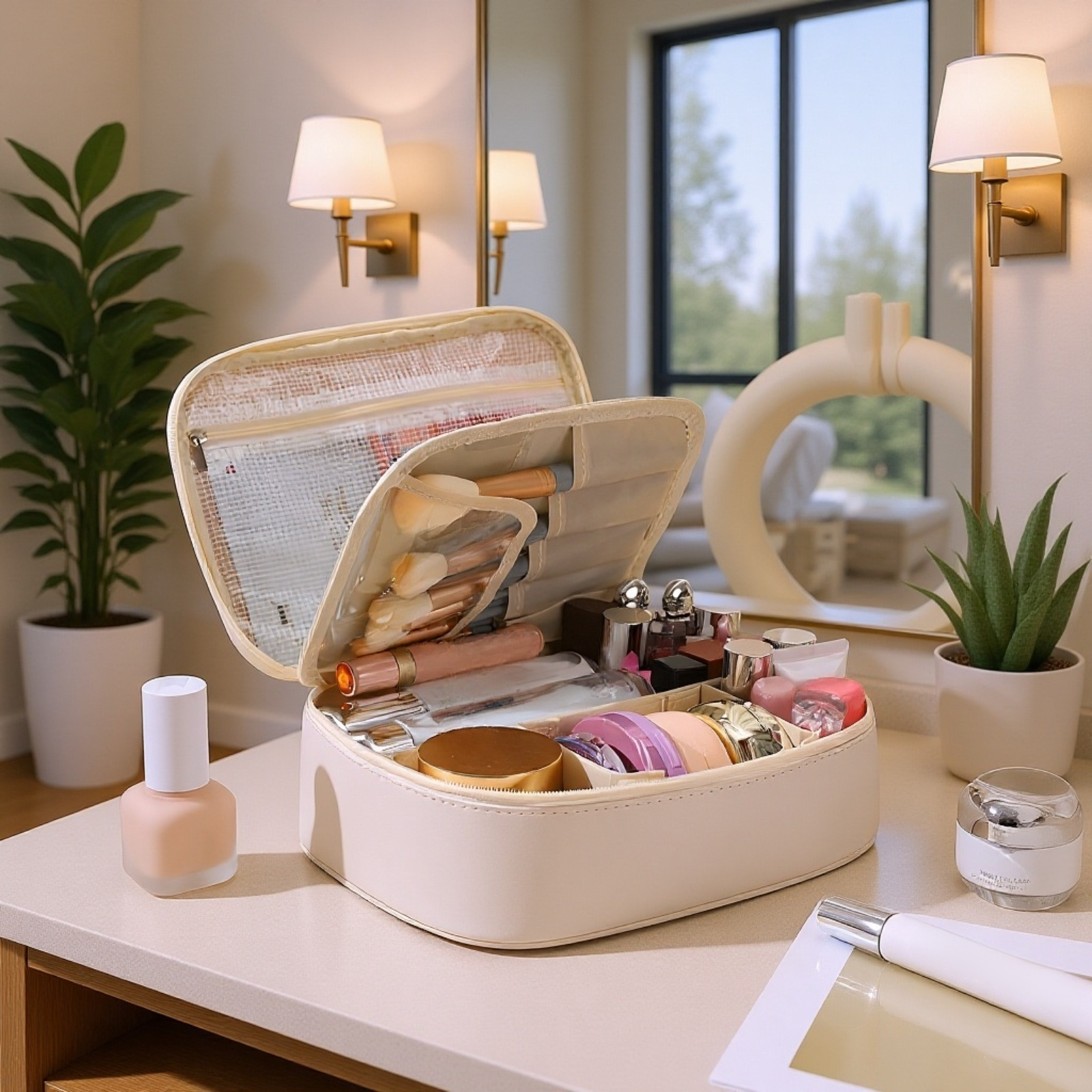 Makeup storage bag in use on a vanity table