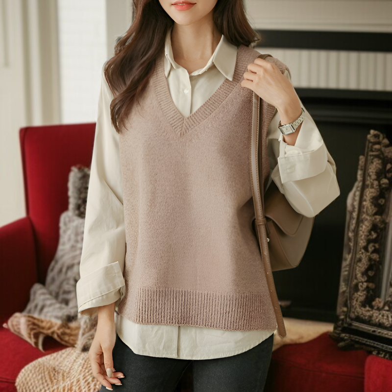 新しいゆったりとしたノースリーブニットトップ、2024年春のファッション、新しい中国風、韓国風、Vネックニットカーディガン。