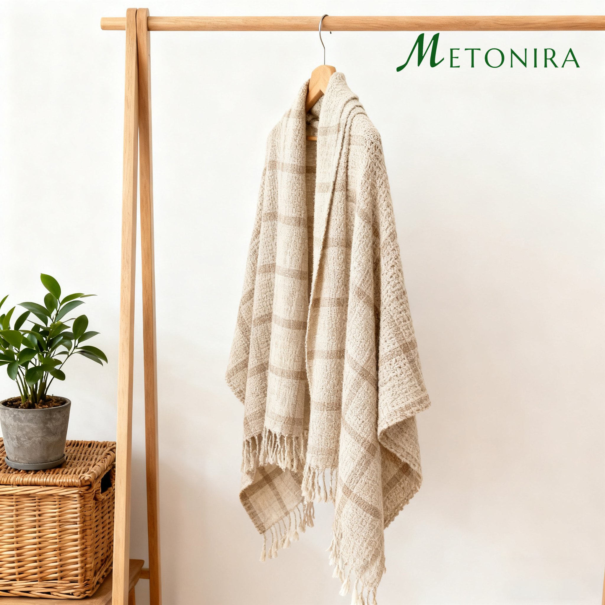 고급 체크 패턴의 플레드 숄 착용 모습