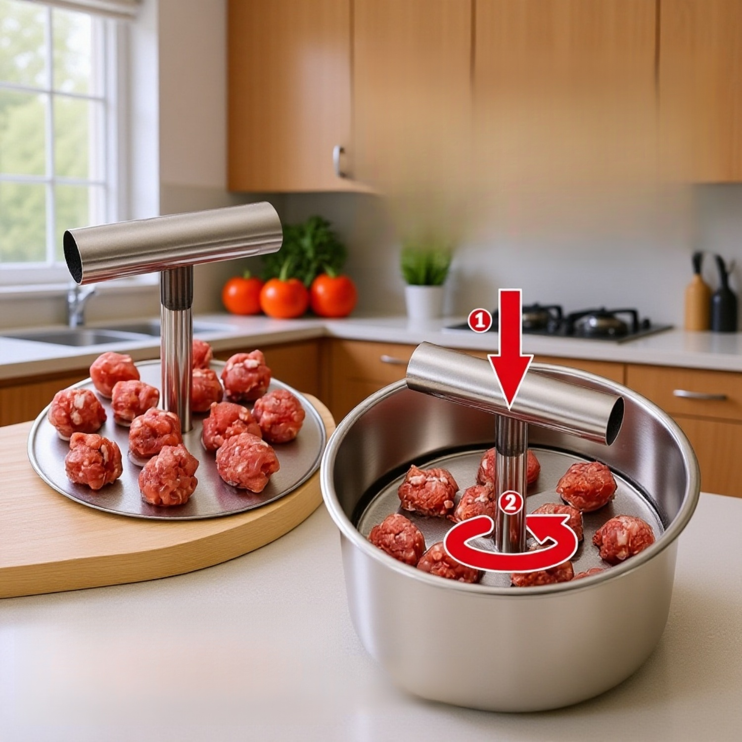 DIY meatball shaper in use with ground meat