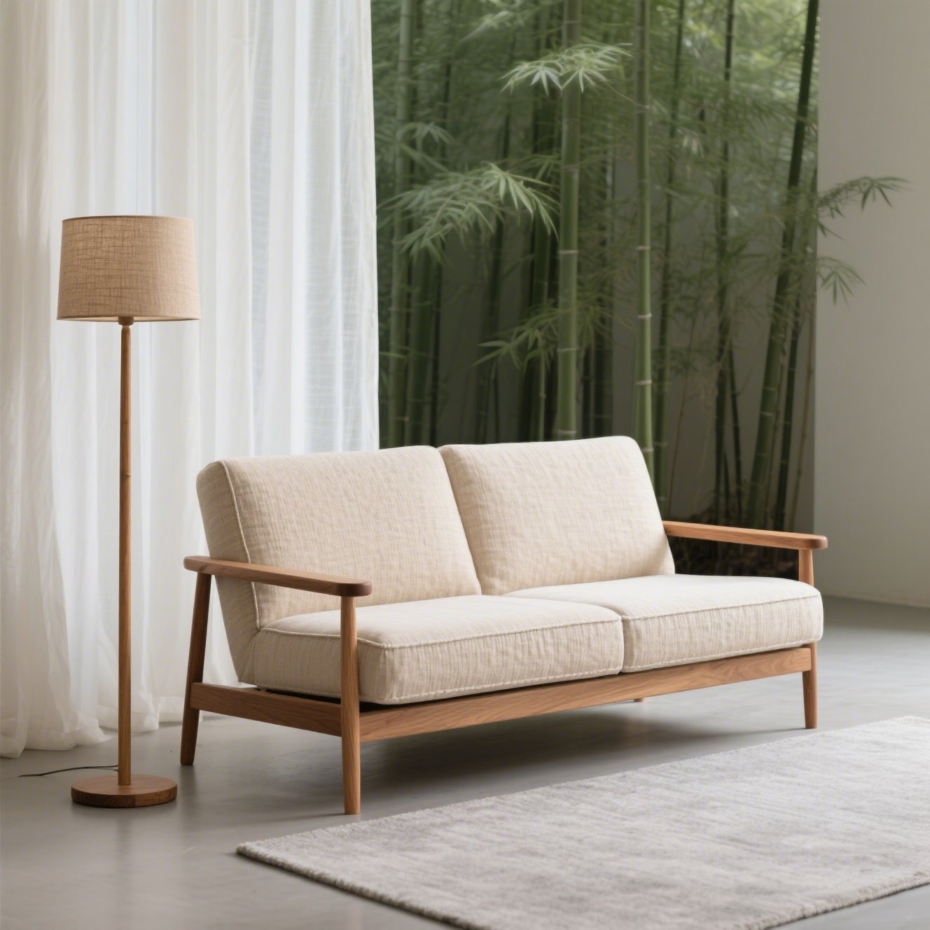 布と木のナチュラルソファ全体画像