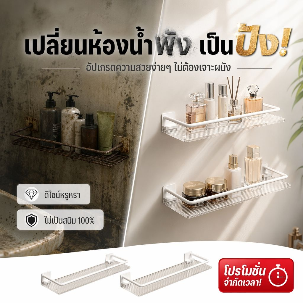 ชั้นวางของอะคริลิคติดผนังในห้องน้ำ ไม่ต้องเจาะผนัง