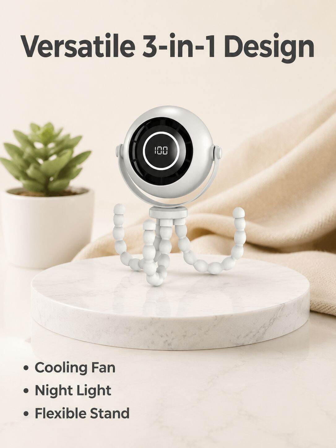 Multifunctional Octopus Stroller Fan, Silent Portable Night Light Fan, USB Rechargeable