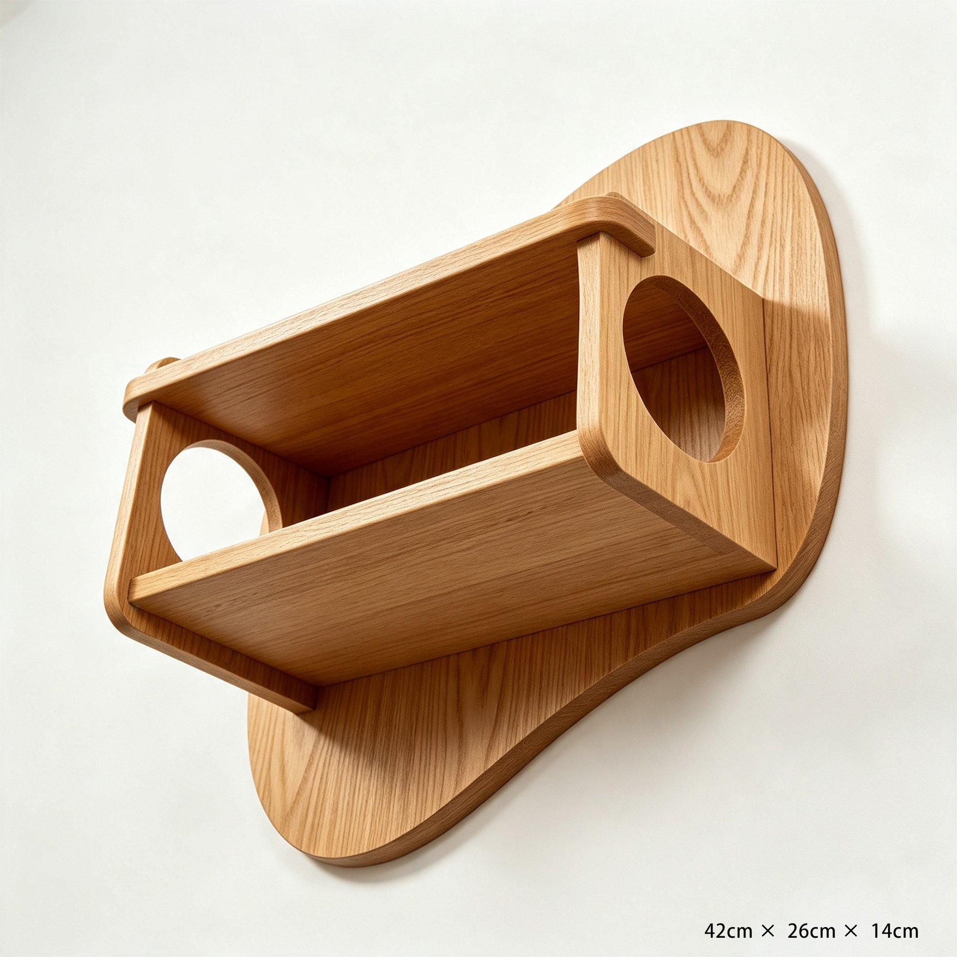 Modern wooden floating wall shelf mounted on white wall