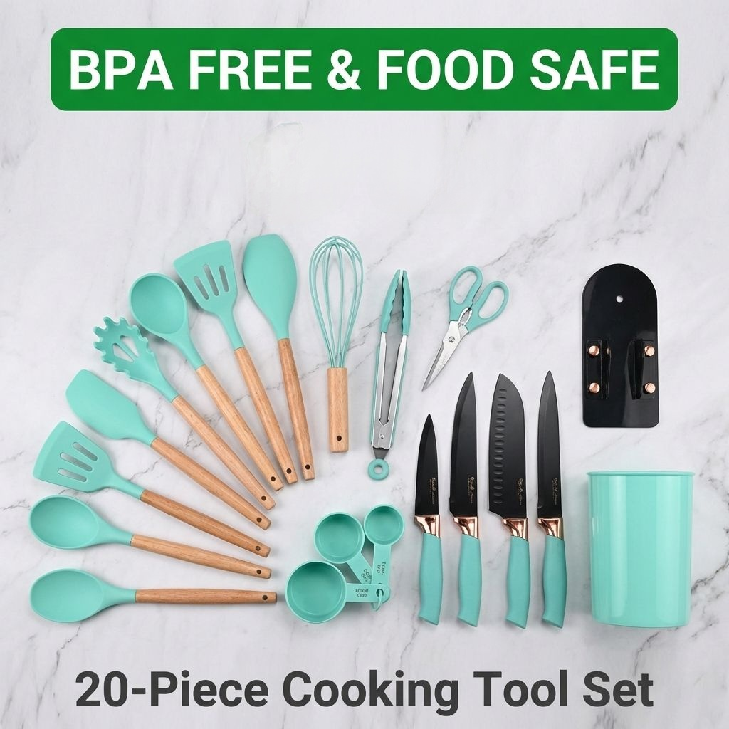 Silicone knife, cooking spoon, spatula, and kitchen utensil set