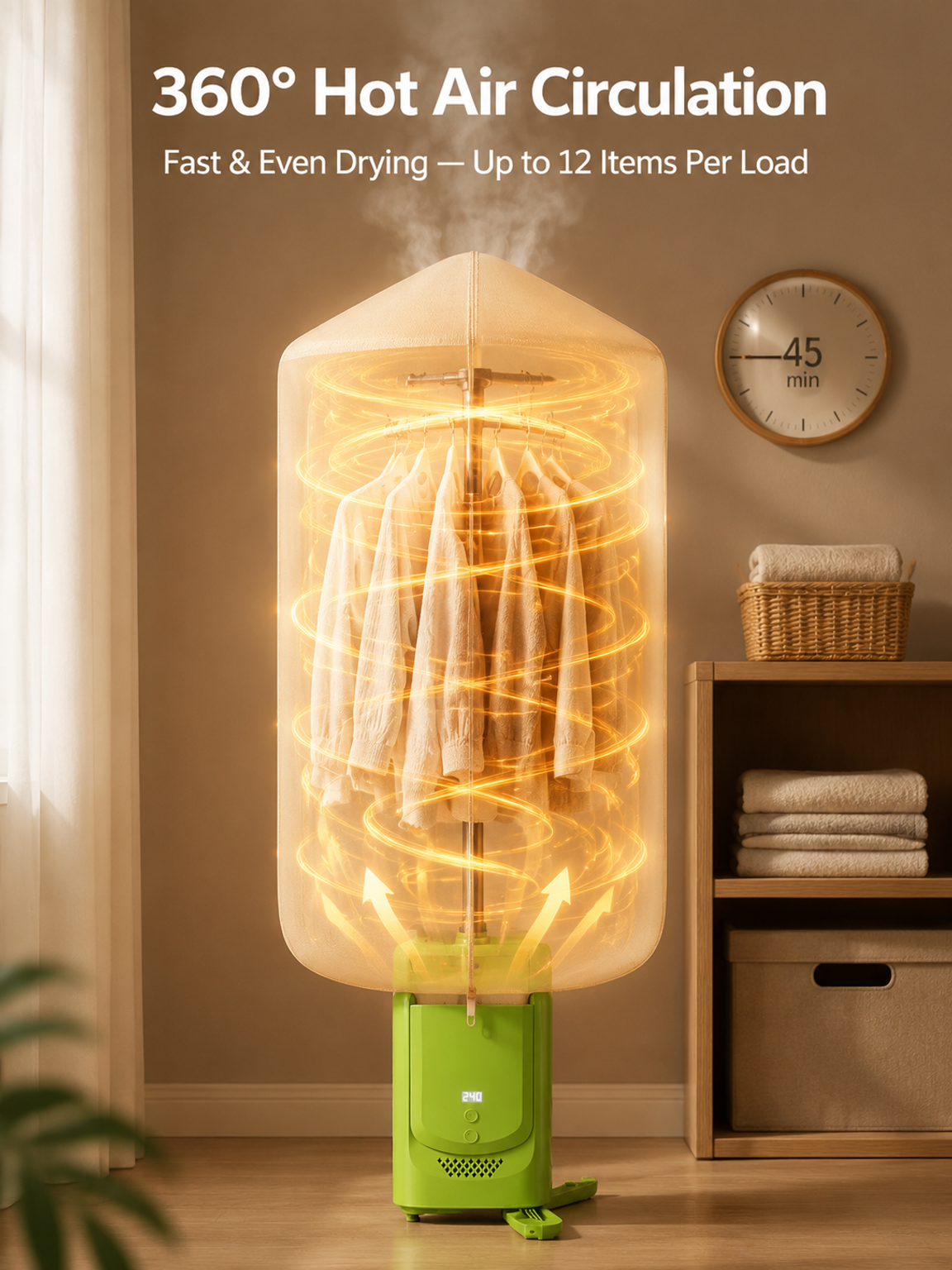 Small, foldable, portable clothes dryer; indoor drying; no installation required; 360° hot air funct