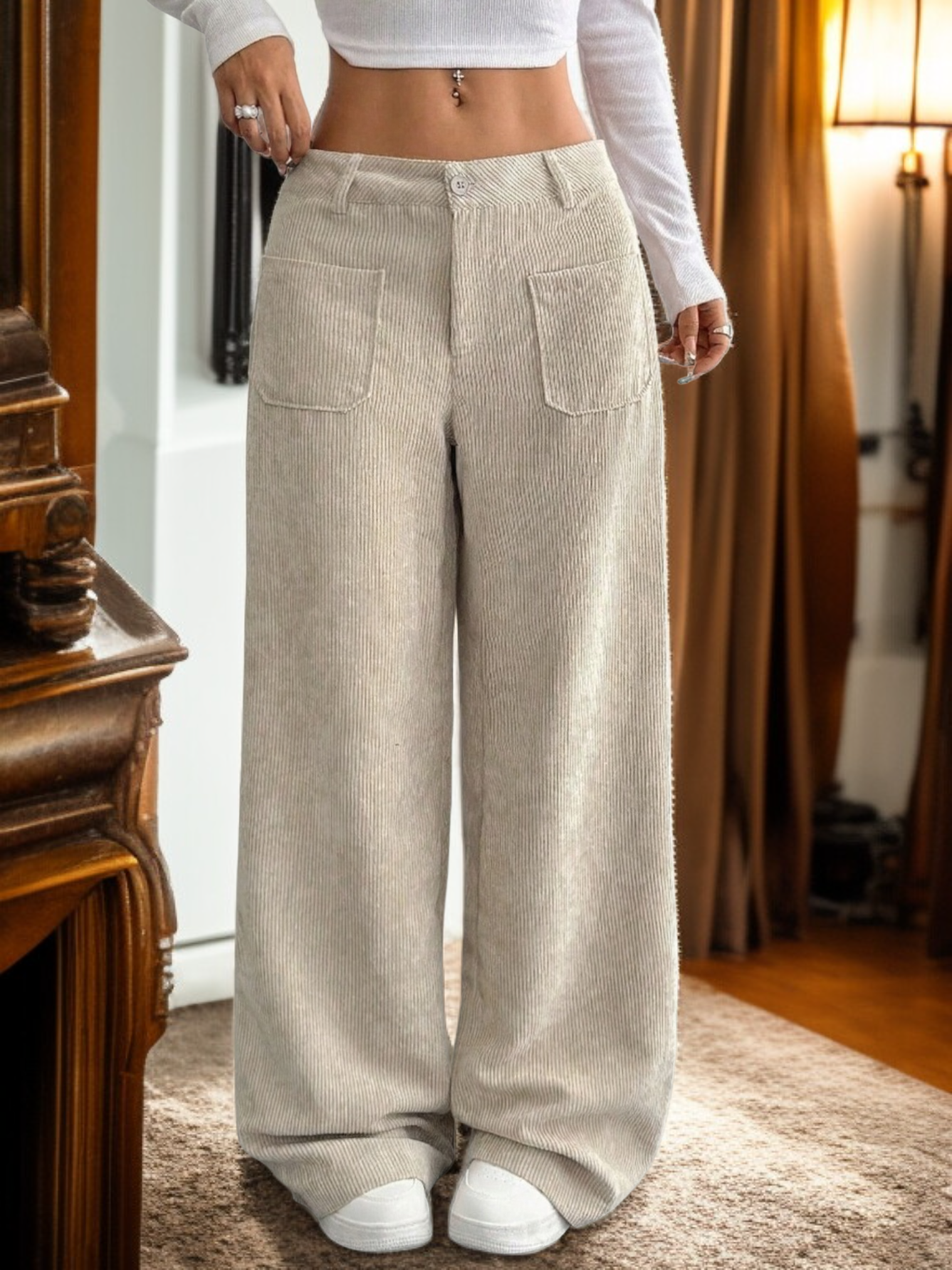 ポケット付きルーズフィット無地ストライプワイドパンツ正面画像