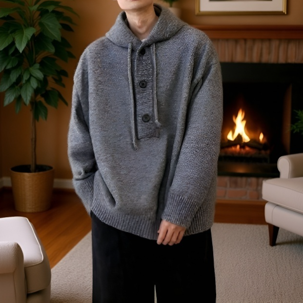 カジュアルでリラックスしたスタイルのニットフード付きプルオーバーセーター