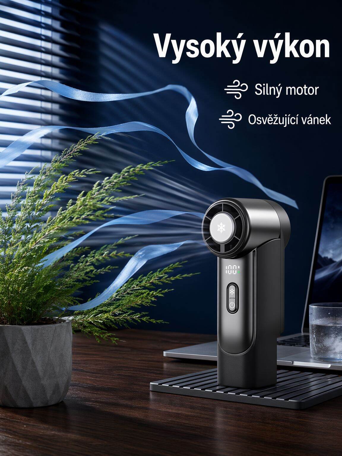 Ventilátor s plynulou regulací rychlosti, dobíjecí, přenosný, vysokorychlostní ruční ventilátor