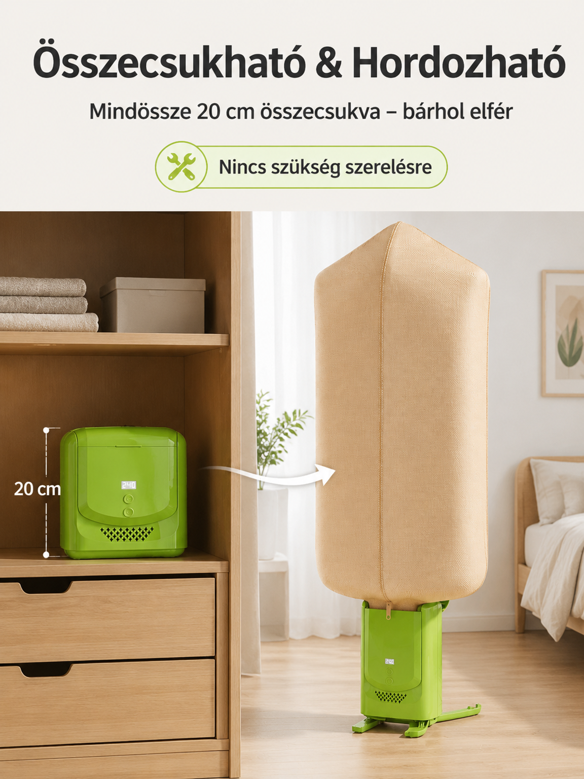 Kis méretű összecsukható hordozható szárítógép, beltéri szárítás, telepítés nélkül
