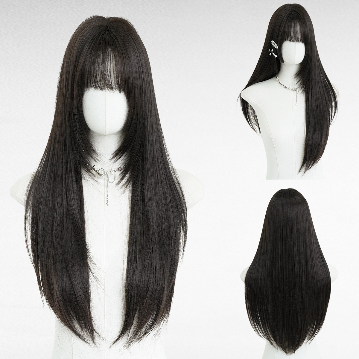 여성용 패션 긴 흑색 레이어드 풀위그, 둥근 얼굴용