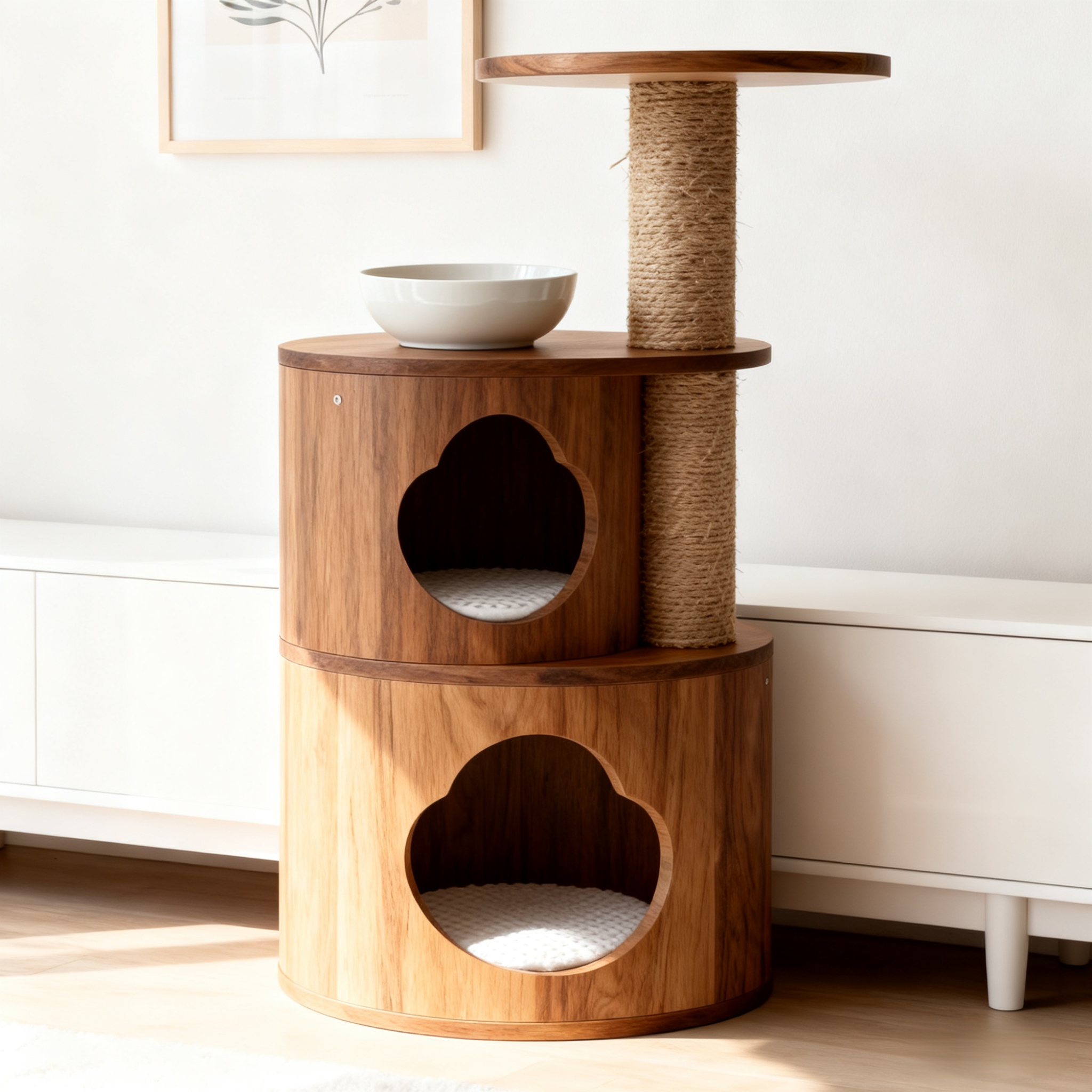 Dřevěná kočičí konstrukce s pelíškem a škrabadlem pro velké kočky