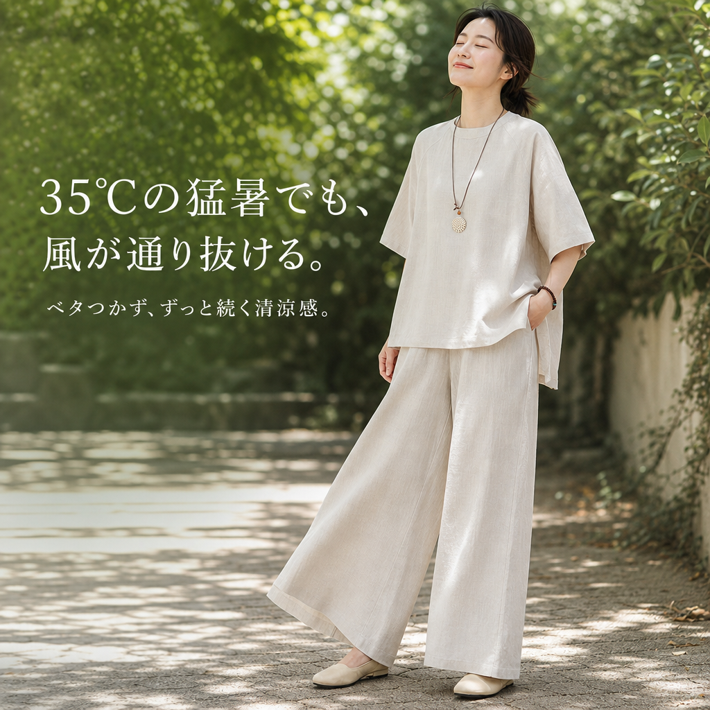 夏の快適ワイドパンツセット（半袖トップス＋ハイウエストパンツ）