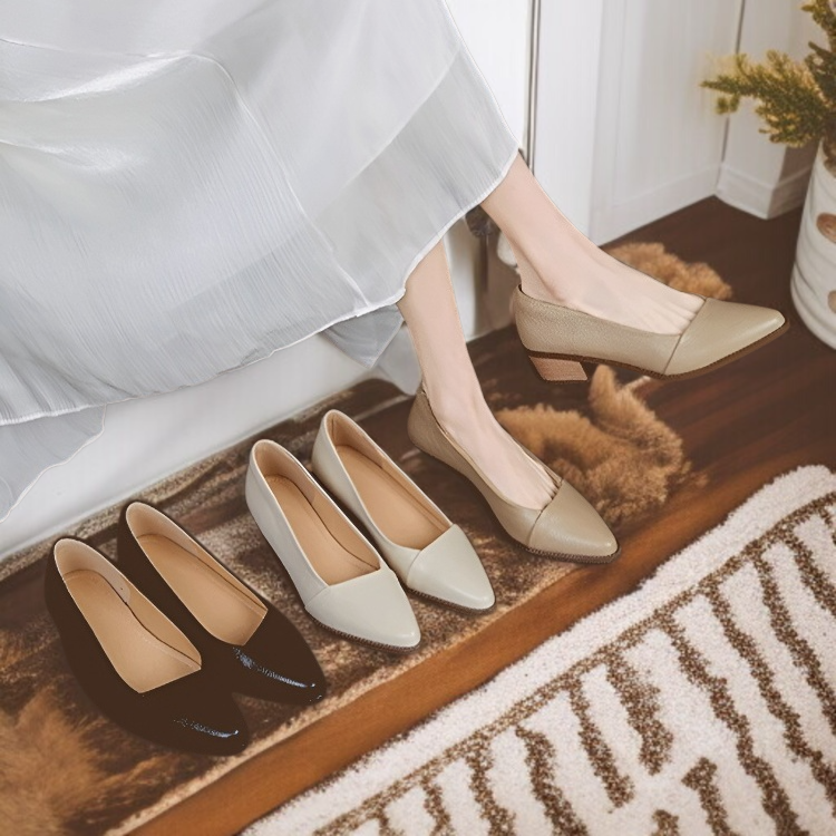 살구색 소프트 가죽 여성 스틸레토 단화 미들 굽 통굽 여성화