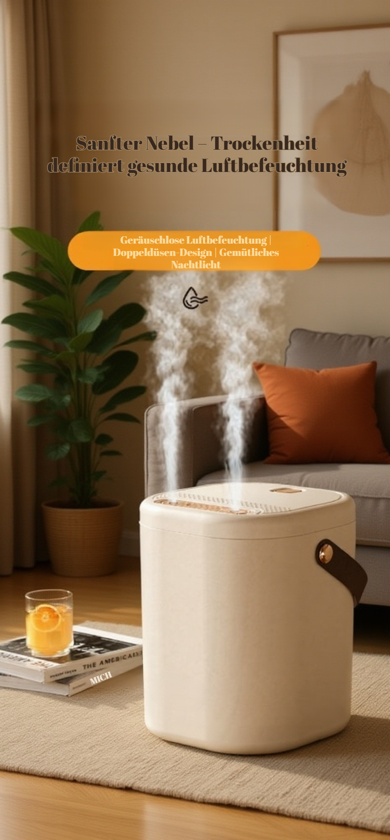 Großraum-Luftbefeuchter mit moderner Luftreinigungsfunktion im Wohnzimmer