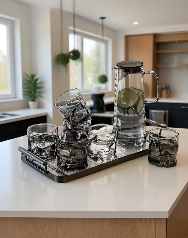 세련된 투명 유리 물병 모습