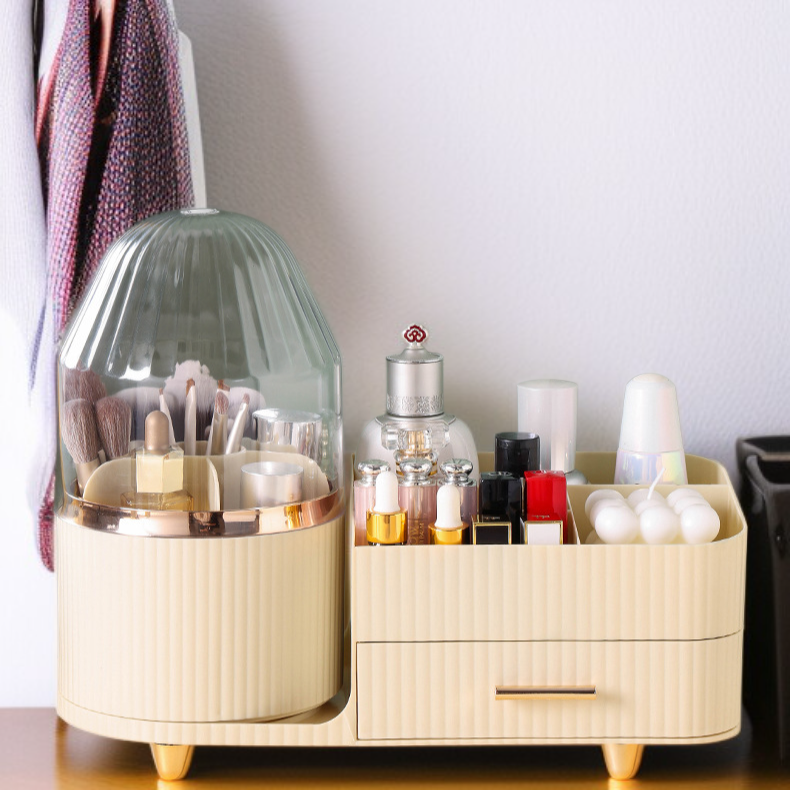 Étagère de rangement cosmétique rotative avec couvercle, boîte de rangement de bureau anti-poussière