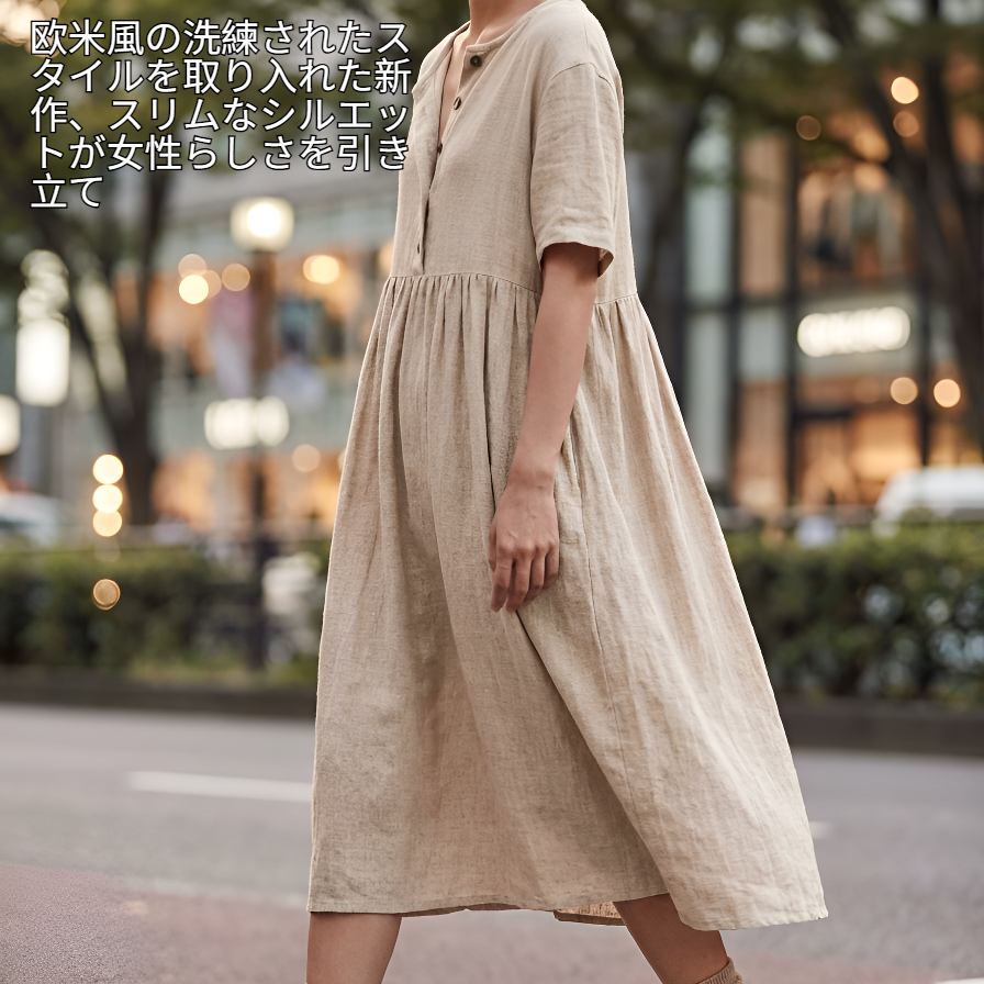 夏のカラフルスリム綿麻ロングワンピースレディース新作半袖欧米風