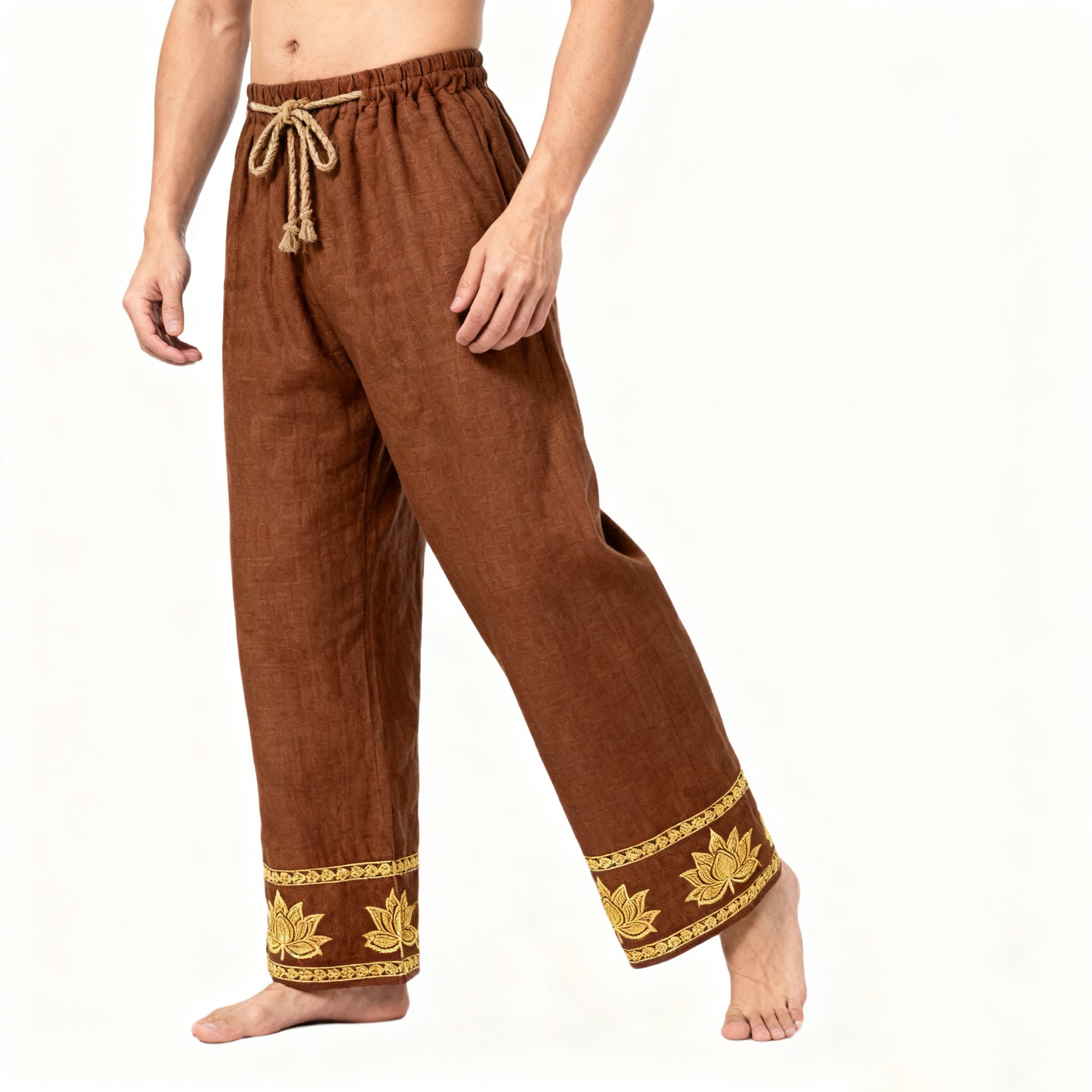  กางเกงขายาวผู้ชายแฟชั่นสีน้ำตาลปักลายดอกบัว