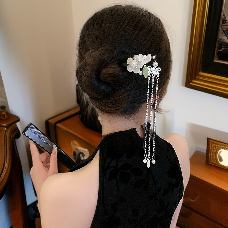 古風かんざし 流蘇付き木製簪 女性用 黒檀風 ヘアアクセサリー 漢服用髪飾り