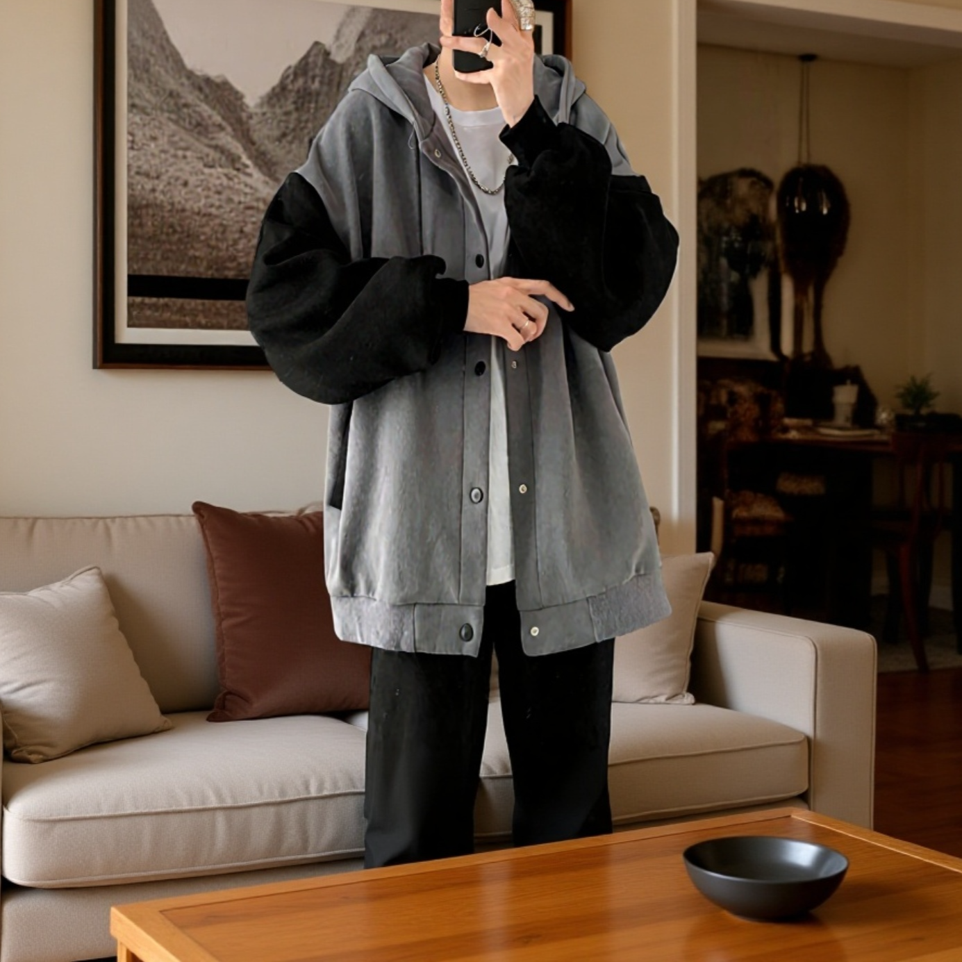 香港スタイルの秋と冬の男性用カジュアルカーディガンジャケット、ベルベットと厚みのあるトレンディなスプライシングスウェットシャツ、ルーズフード付きスウェットシャツ、カップル着用