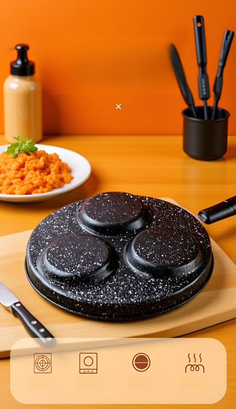 편리한 손잡이 디자인의 4구 프라이팬