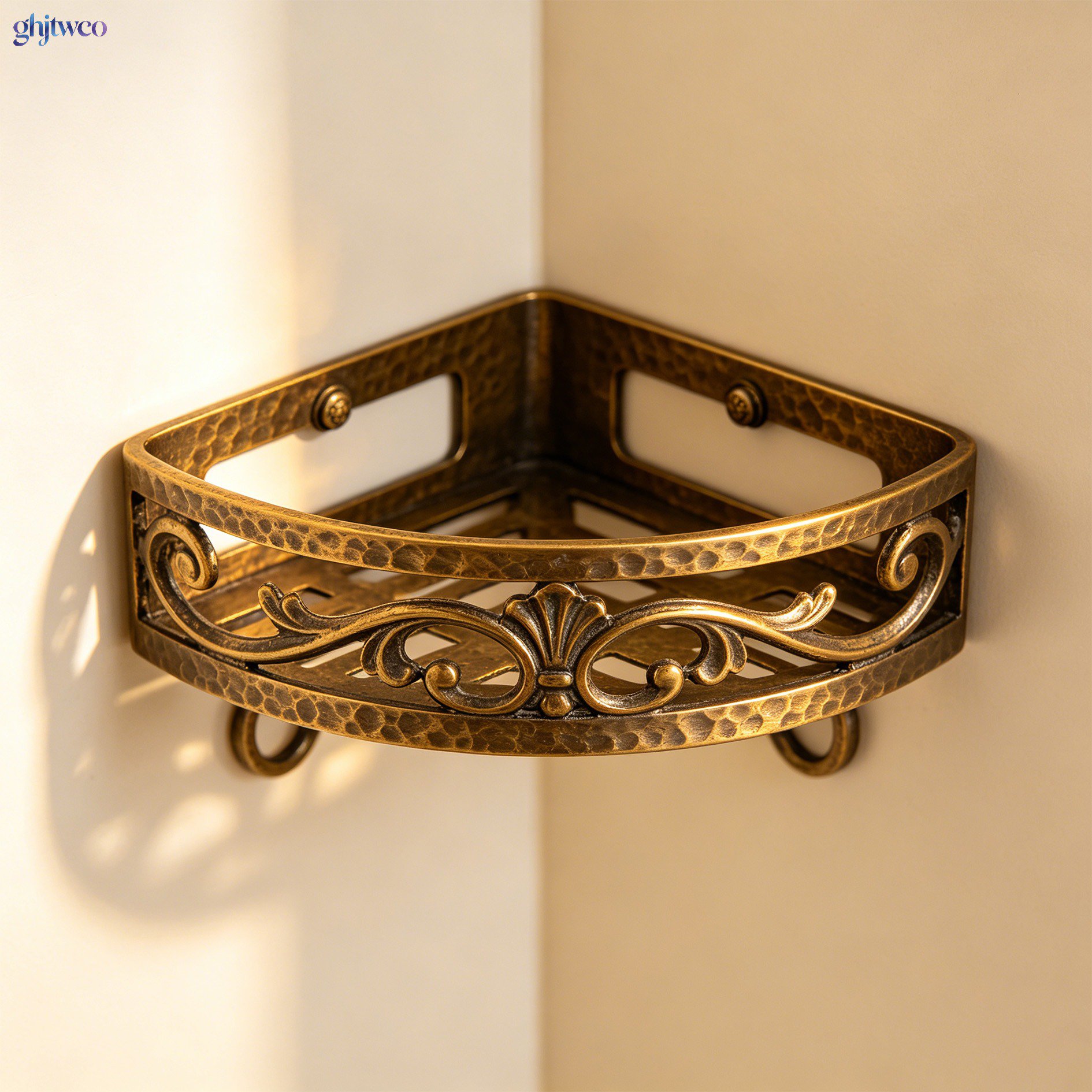 Close-up of durable bronze bathroom corner shelf with toiletries