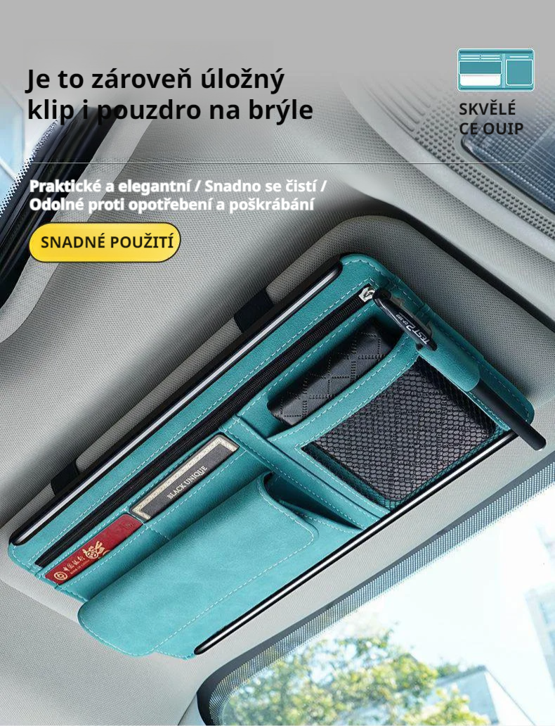 Univerzální držák na sluneční brýle do auta připevněný na sluneční clonu