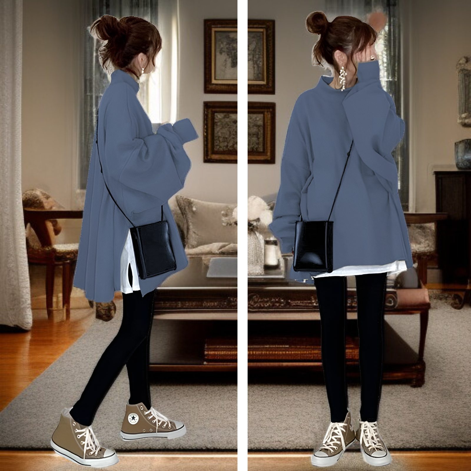 秋冬新作文芸風フェイクレイヤード無地プルオーバースウェット レディース