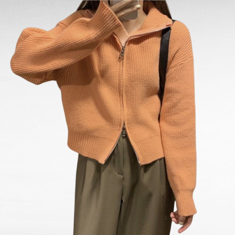 كنزة صوفية نسائية بتصميم كوري، بياقة عالية وسحاب، مثالية لخريف وشتاء