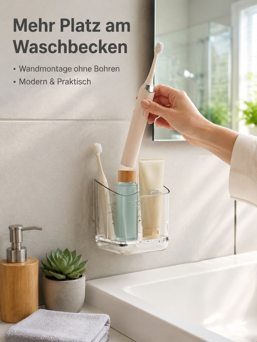 Wandmontierter Zahnbürsten- und Zahnpastahalter ohne Bohren, Badezimmerregal mit Ablage