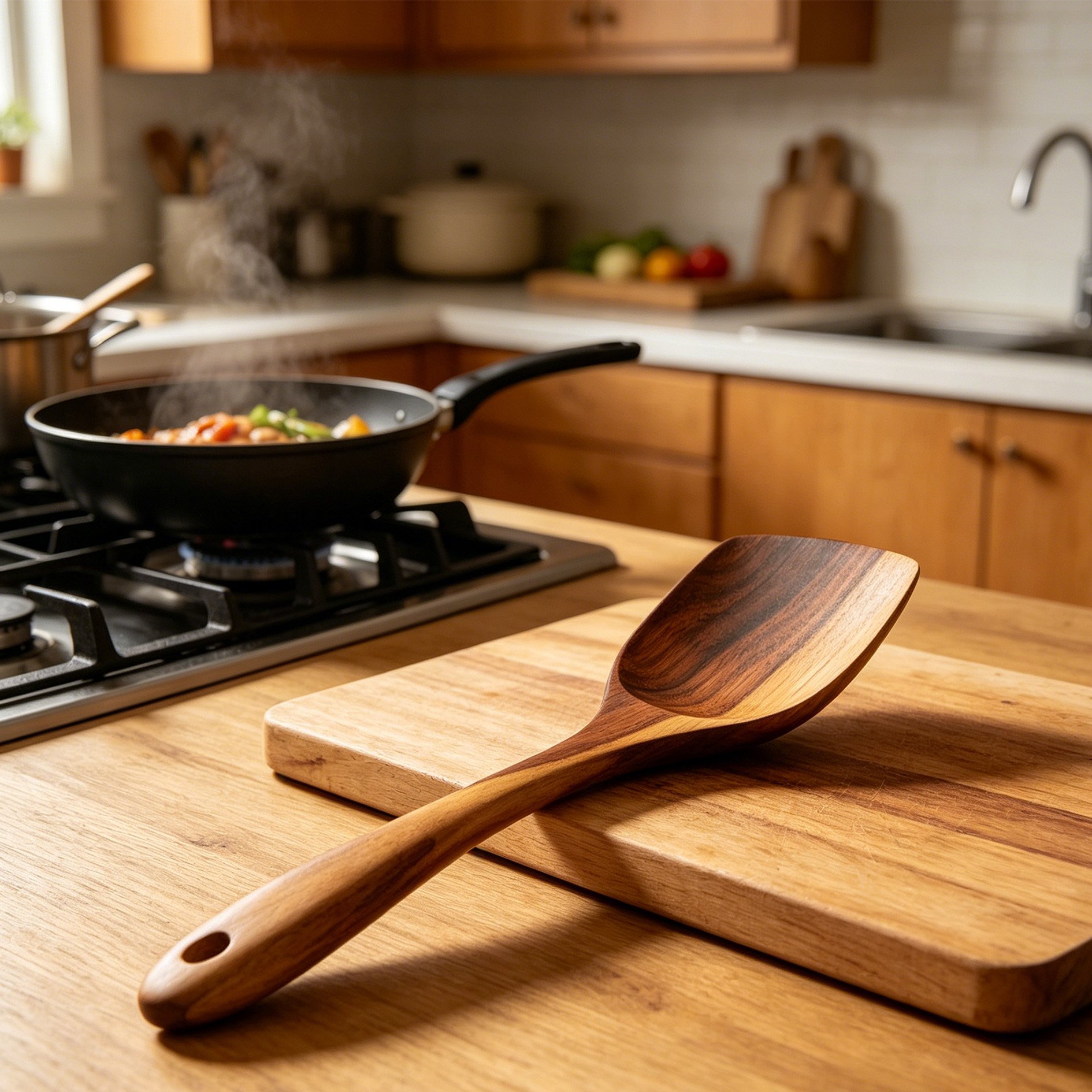 Household solid wood spatulas on countertop