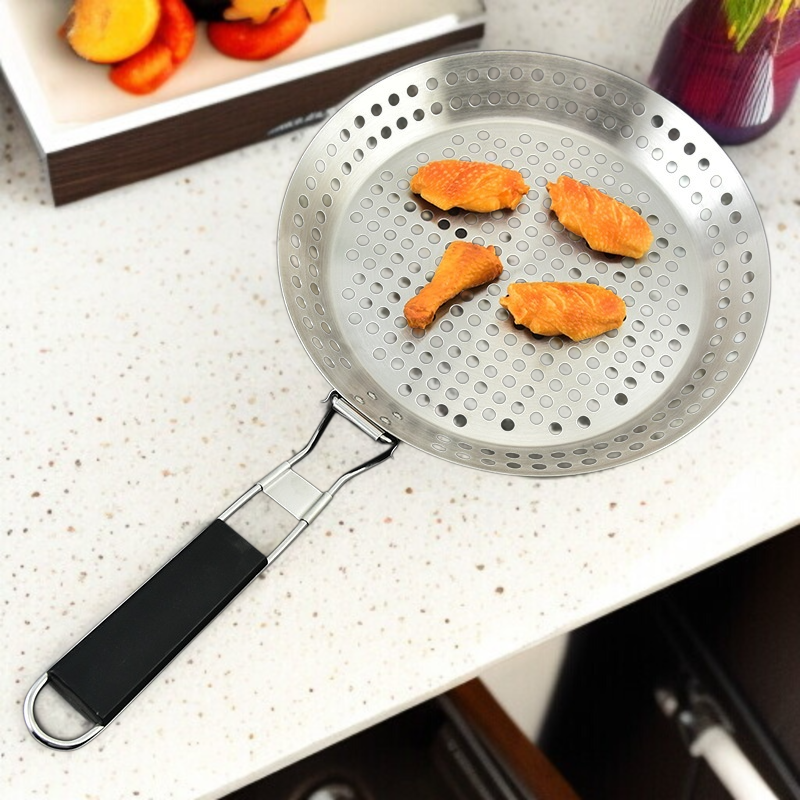 휴대용 Bbq 불판 야외 접이식 야채판 원형 펀칭 불판 나무 손잡이 야외 바베큐 접시