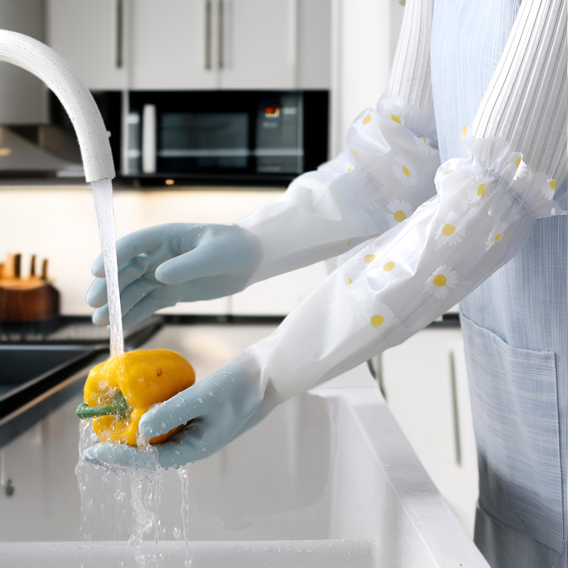 ゴム手袋 キッチン 食器洗い 手袋 ロング ラバーグローブ 皿洗い 厚手 女性用 長い 皿洗い用ゴム手袋 食器洗い手袋 炊事用ゴム手袋 キッチン用ゴム手袋 裏地付き 手荒れ防止 丈夫 フリーサイズ