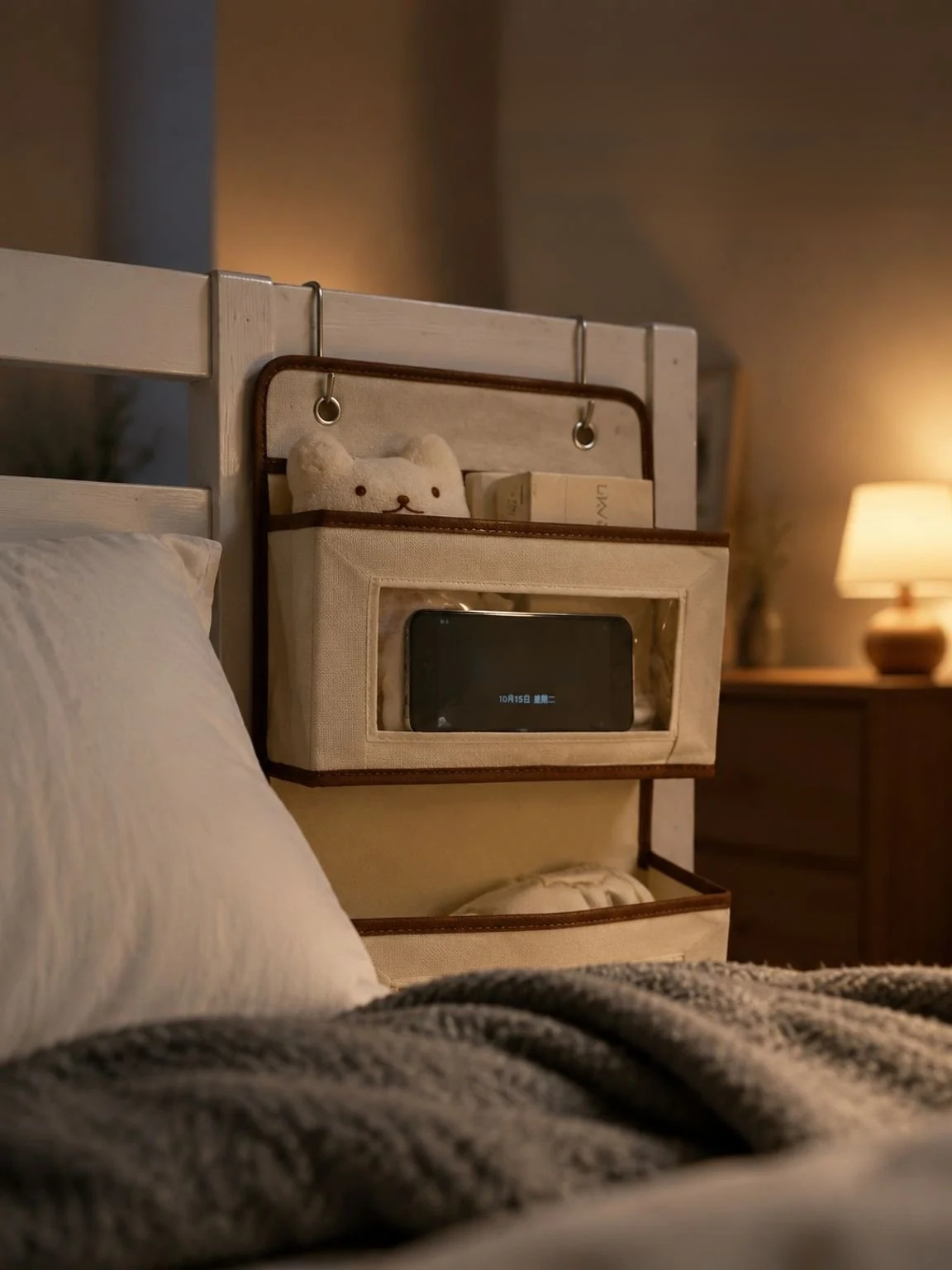 Détail de l'Étagère de lit avec objets décoratifs pour la chambre