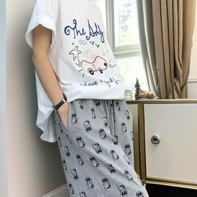 캐주얼 와이드 팬츠 여 가을 프린트 고양이 바지 슬랙스 캐릭터 여 바지 케이티 캐주얼 바지