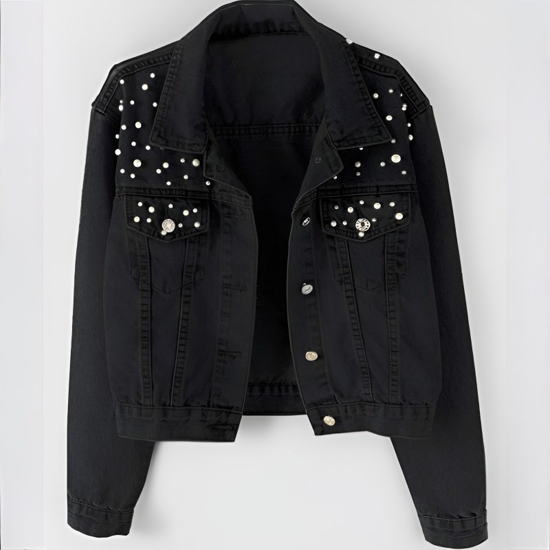 جاكيت جينز نسائي مزين بالخرز وأحجار الراين واللؤلؤ، بقصة فضفاضة
