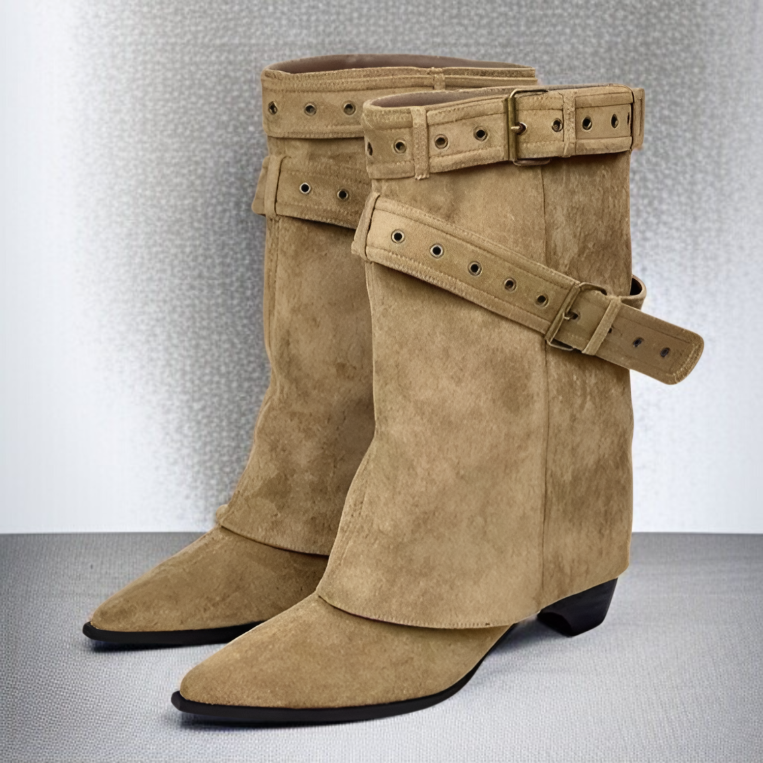 膝下ウエスタンブーツ ベルト付きショートブーツ レディース