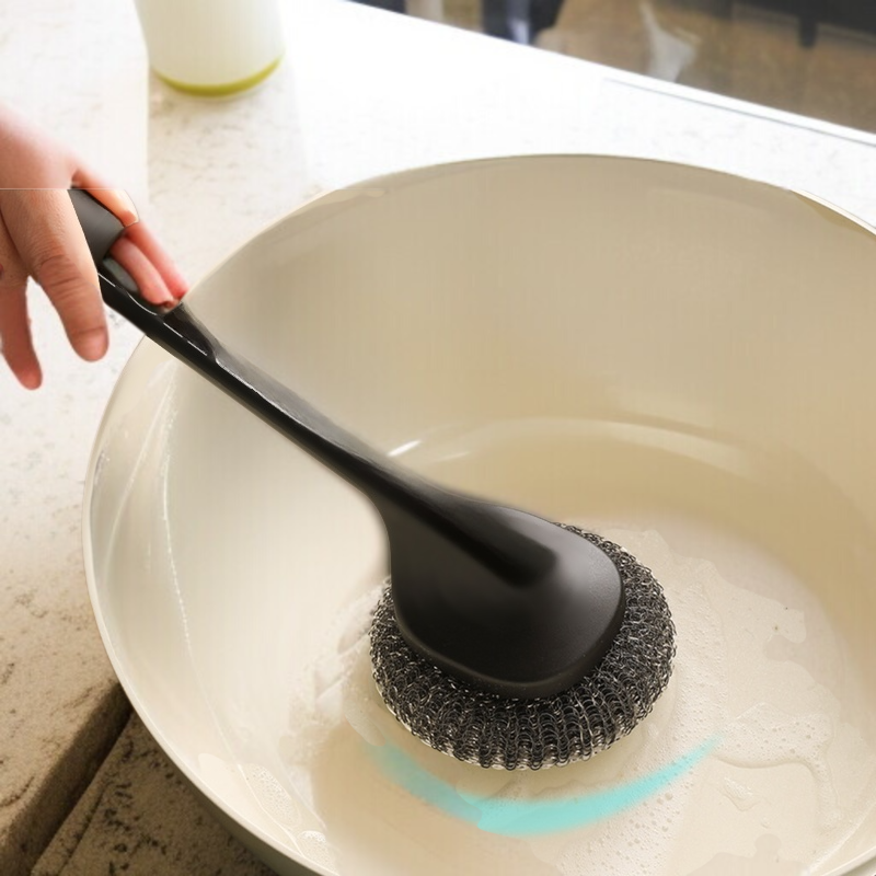 Stainless steel dishwashing brush with replaceable handle
