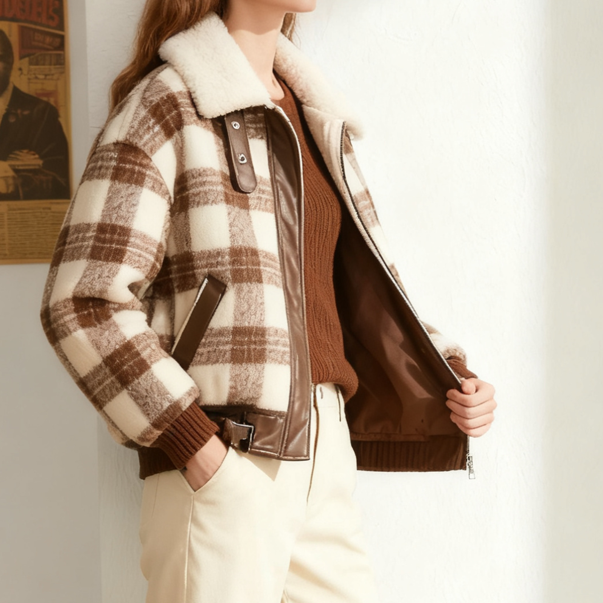 겨울용 두툼한 체크 패턴 짧은 자켓