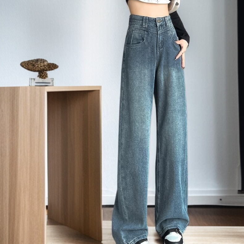 하이웨스트 슬림 와이드 팬츠 일자핏 데님 팬츠 여자 별 와이드 팬츠