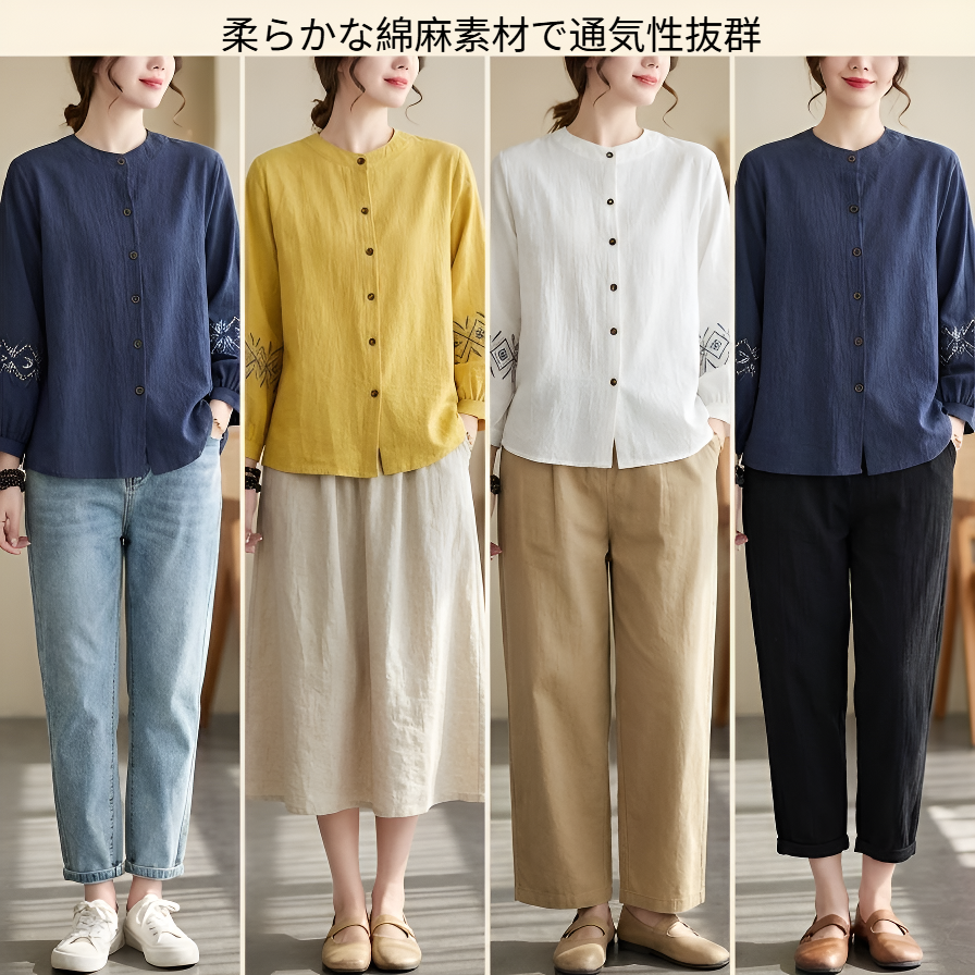 母親向け春秋綿麻大きいサイズ長袖シャツ