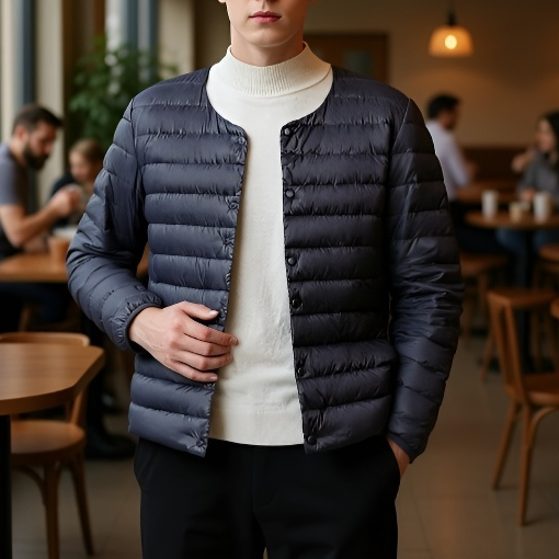 세계일주 남성 겨울 오리털 바람막이 경량 패딩 라운드+브이넥 이중 칼라 디자인 보온방한 자켓